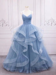 Formal Dress Suits For Ladies, Shiny V Neck Blue Prom Dresses, Shiny V Neck Blue Formal Evening Dresses