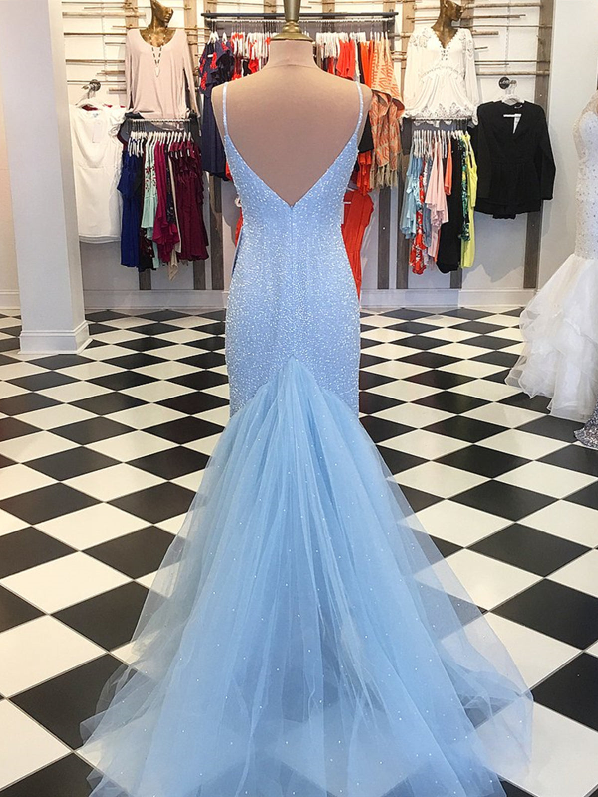 Prom Dresses Short, Shiny V Neck Mermaid Blue Prom Dresses, V Neck Blue Mermaid Formal Evening Dresses