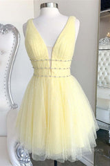 Party Dress Long Sleeve Maxi, Shiny V Neck Open Back Yellow Tulle Short Prom Dress, V Neck Yellow Formal Graduation Homecoming Dress