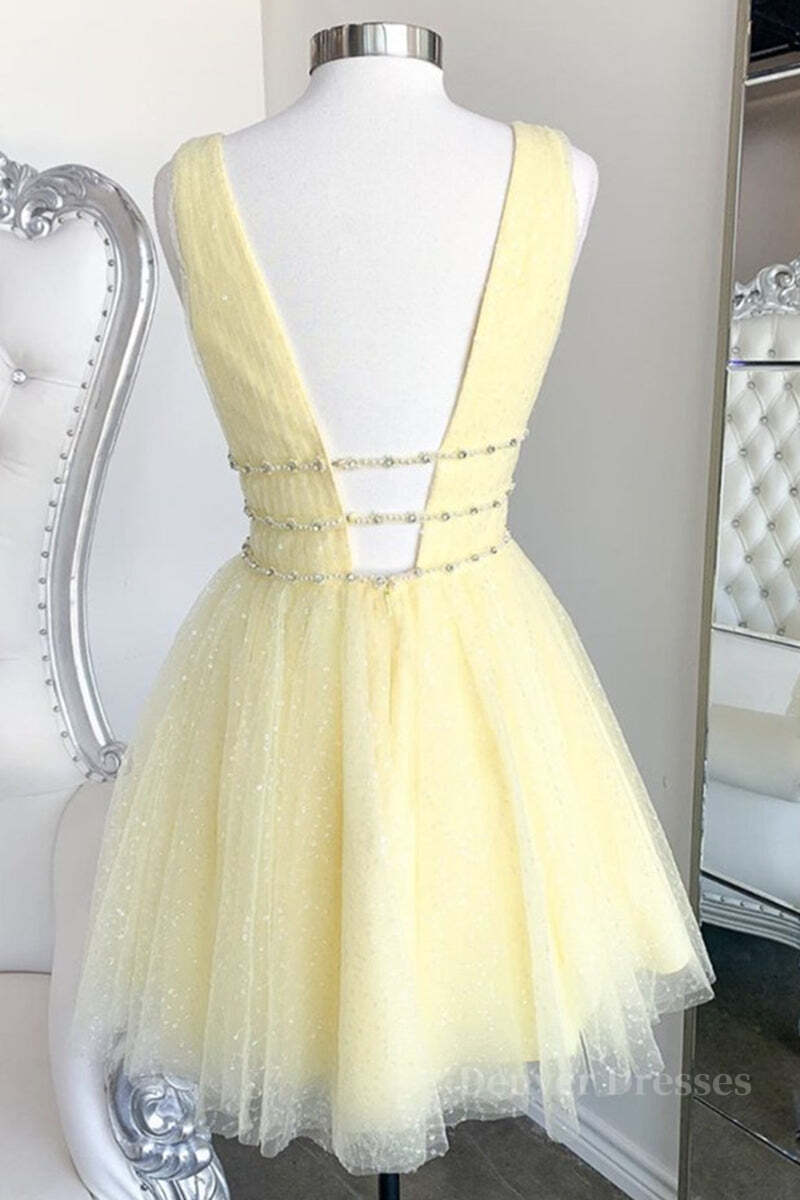 Party Dresses For 51 Year Olds, Shiny V Neck Open Back Yellow Tulle Short Prom Dress, V Neck Yellow Formal Graduation Homecoming Dress