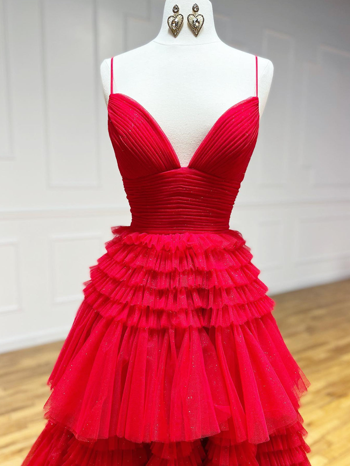 Formal Dresses With Sleeve, Shiny V Neck Red High Low Prom Dresses, V Neck High Low Red Formal Evening Dresses