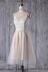 Wedding Dresses Outfits, Short A-line Spaghetti Strap Lace Tulle Wedding Dress