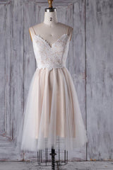 Wedding Dresses For Over 52S, Short A-line Spaghetti Strap Lace Tulle Wedding Dress