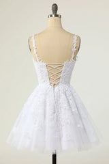 Prom Dresses Brown, Short A-line V-neck Tulle Lace Backless Prom Dress white Homecoming Dresses