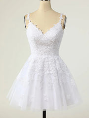 Prom Dresses White And Gold, Short A-line V-neck Tulle Lace Backless Prom Dress white Homecoming Dresses