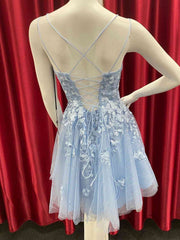 Prom Dress Aesthetic, Short Backless Blue Lace Prom Dresses, Short Open Back Blue Lace Formal Homecoming Dresses