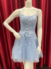 Tulle Dress, Short Backless Blue Lace Prom Dresses, Short Open Back Blue Lace Formal Homecoming Dresses