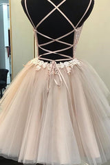 Party Dress Top, Short Backless Champagne Lace Prom Dresses, Short V Neck Champagne Lace Graduation Homecoming Dresses