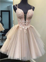 Party Dress Cocktail, Short Backless Champagne Lace Prom Dresses, Short V Neck Champagne Lace Graduation Homecoming Dresses