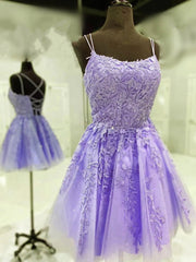 Evening Dresses For Over 51S, Short Backless Lace Prom Dresses, Short Backless Purple Lace Formal Homecoming Dresses