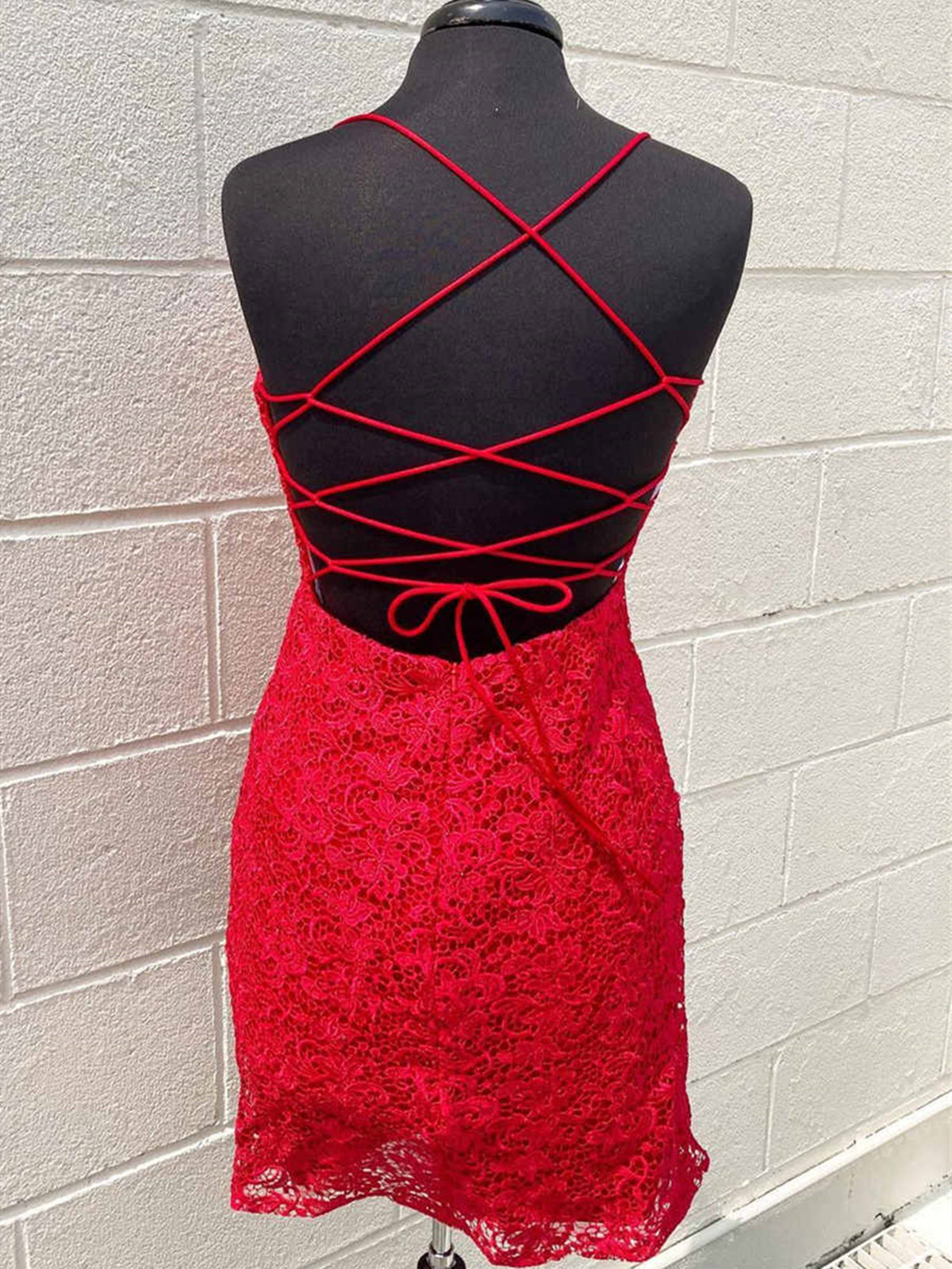 Corset Prom Dress, Short Backless Red Lace Prom Dresses, Open Back Short Red Lace Formal Homecoming Dresses