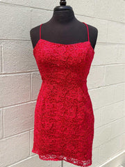 Party Dress High Neck, Short Backless Red Lace Prom Dresses, Open Back Short Red Lace Formal Homecoming Dresses
