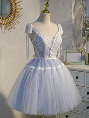 Evening Dresses Ball Gown, Short Blue Lace Prom Dresses, Short Blue lace Formal Homecoming Dresses