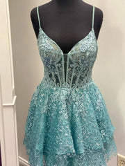 Prom Dress Ideas, Short Blue Lace Prom Dresses, Short Blue Lace Formal Homecoming Dresses