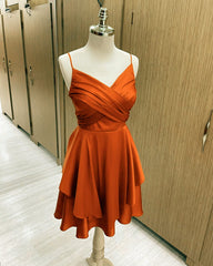 Cocktail Dress, Short Burnt Orange Satin Cocktail Dresses V-neck Semi Formal Dress