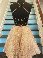 Party Dress Dress Up, Short Champagne Backless Lace Prom Dresses, Short Lace Formal Graduation Homecoming Dresses