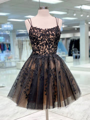 Party Dresses Online Shop, Short Champagne Black Lace Prom Dresses, Short Black Lace Graduation Homecoming Dresses