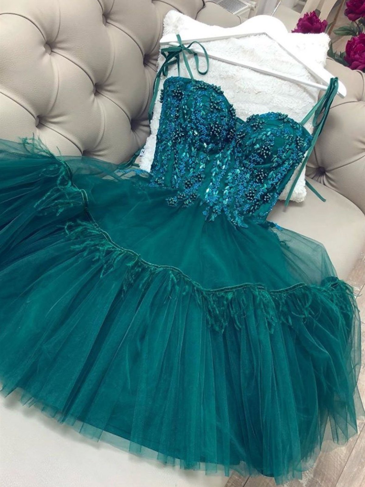 Party Dress Ball, Short Green Beaded Prom Dresses, Short Green Homecoming Graduation Dresses with Beadings