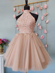 Party Dress Website, Short Halter Neck Pink Lace Prom Dresses, Halter Neck Short Pink Lace Formal Homecoming Dresses