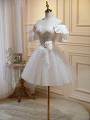 Evening Dress Petite, Short Light Champagne Lace Floral Prom Dresses, Short Light Champagne Formal Homecoming Dresses