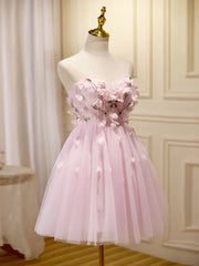 Satin Bridesmaid Dress, Short Pink Floral Prom Dresses, Short Pink Floral Formal Homecoming Dresses