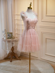 Evening Dresses Open Back, Short Pink Floral Prom Dresses, Short Pink Tulle Floral Formal Homecoming Dresses