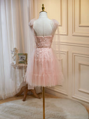Evening Dresses Elegant Classy, Short Pink Floral Prom Dresses, Short Pink Tulle Floral Formal Homecoming Dresses