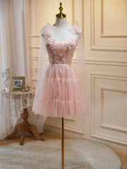Evening Dress Short, Short Pink Floral Prom Dresses, Short Pink Tulle Floral Formal Homecoming Dresses