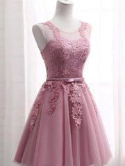 Bridesmaid Gown, Short Pink Lace Prom Dresses, Short Pink Lace Graduation Homecoming Dresses