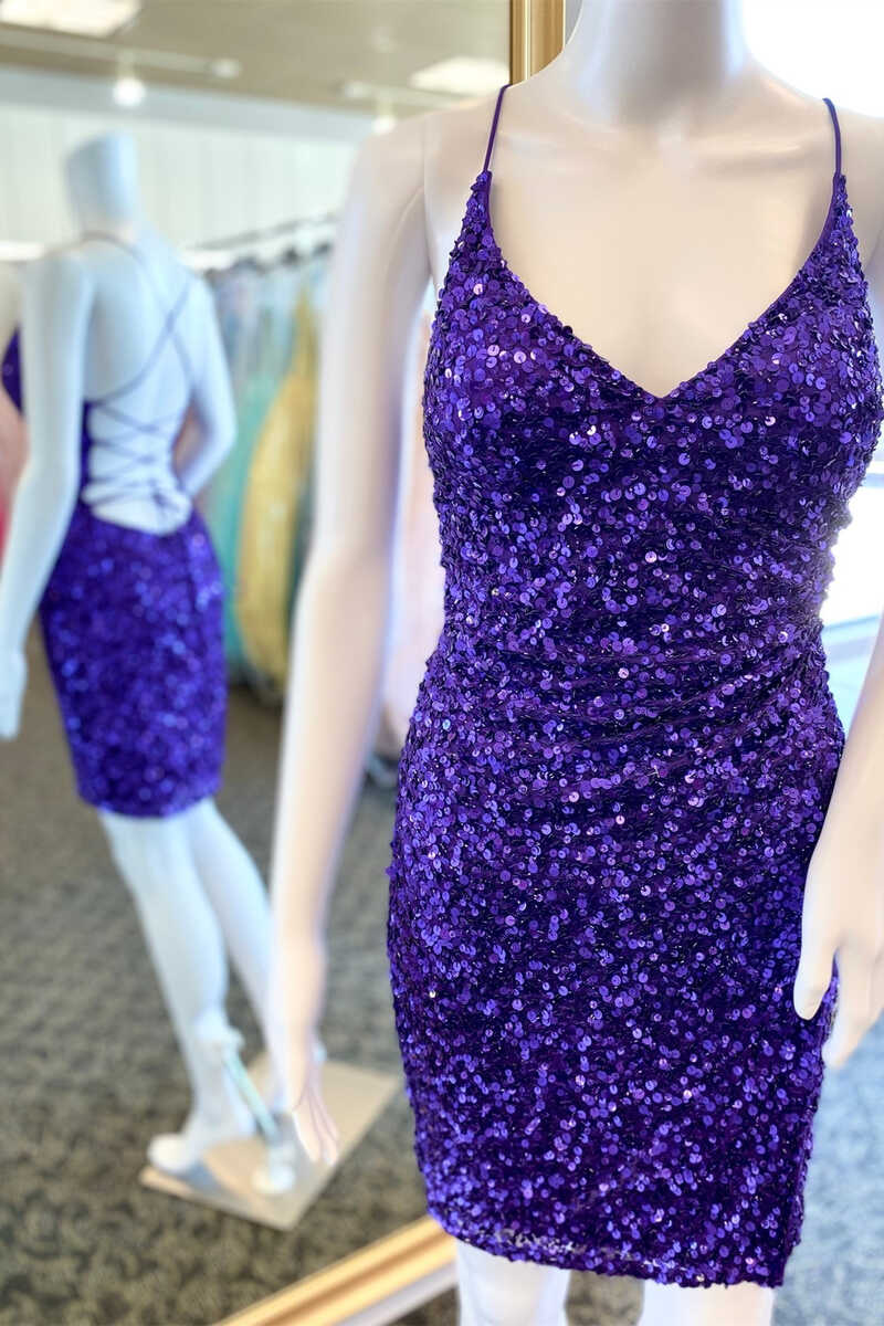Bridesmaid Dresses Elegant, Short Purple Sequined V-Neck Party Dress Homecoming Dresses