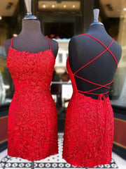 Prom Dresses Under 52, Short Red Backless Lace Prom Dresses, Short Backless Red Lace Graduation Homecoming Dresses