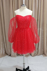 On Shoulder Dress, Short Red Long Sleeves Tulle Prom Dresses, Short Red Long Sleeves Formal Homecoming Dresses