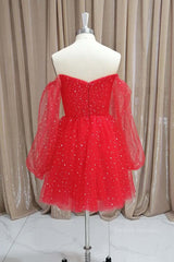 Cute Summer Dress, Short Red Long Sleeves Tulle Prom Dresses, Short Red Long Sleeves Formal Homecoming Dresses