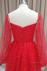 Homecoming, Short Red Long Sleeves Tulle Prom Dresses, Short Red Long Sleeves Formal Homecoming Dresses