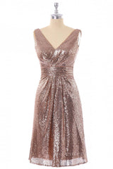 Bridesmaid Dresses Gold, Short Rose Gold Sequin A-line Bridesmaid Dress