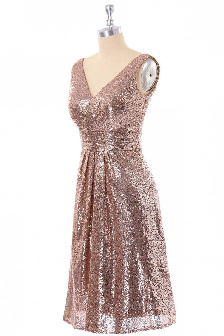 Bridesmaid Dress Gold, Short Rose Gold Sequin A-line Bridesmaid Dress