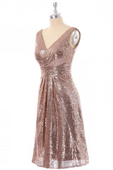 Bridesmaid Dress Gold, Short Rose Gold Sequin A-line Bridesmaid Dress