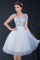 Party Dress Set, Short Sequin Tulle Lace-up Knee-length Homecoming Dresses