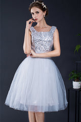 Party Dress Meaning, Short Sequin Tulle Lace-up Knee-length Homecoming Dresses