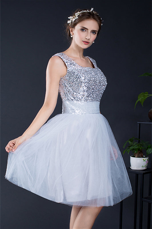 Party Dress Boho, Short Sequin Tulle Lace-up Knee-length Homecoming Dresses