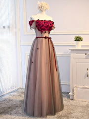 Prom Dresses 2023, Short Sleeves Burgundy Floral Long Prom Dresses, Burgundy Floral Formal Bridesmaid Dresses