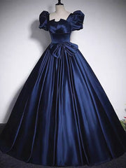 Party Dresses Black And Gold, Short Sleeves Dark Blue Long Prom Dresses, Dark Blue Short Sleeves Long Formal Evening Dresses