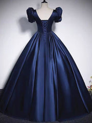 Party Dress Black And Gold, Short Sleeves Dark Blue Long Prom Dresses, Dark Blue Short Sleeves Long Formal Evening Dresses