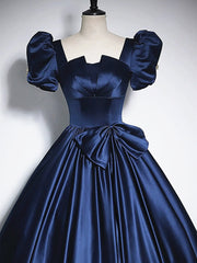 Prom Dress Inspiration, Short Sleeves Dark Blue Long Prom Dresses, Dark Blue Short Sleeves Long Formal Evening Dresses