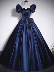 Party Dress Boots, Short Sleeves Dark Blue Long Prom Dresses, Dark Blue Short Sleeves Long Formal Evening Dresses