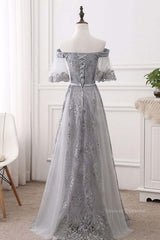Evening Dresses Yde, Short Sleeves Grey Lace Long Prom Dresses, Short Sleeves Gray Lace Long Formal Evening Dresses