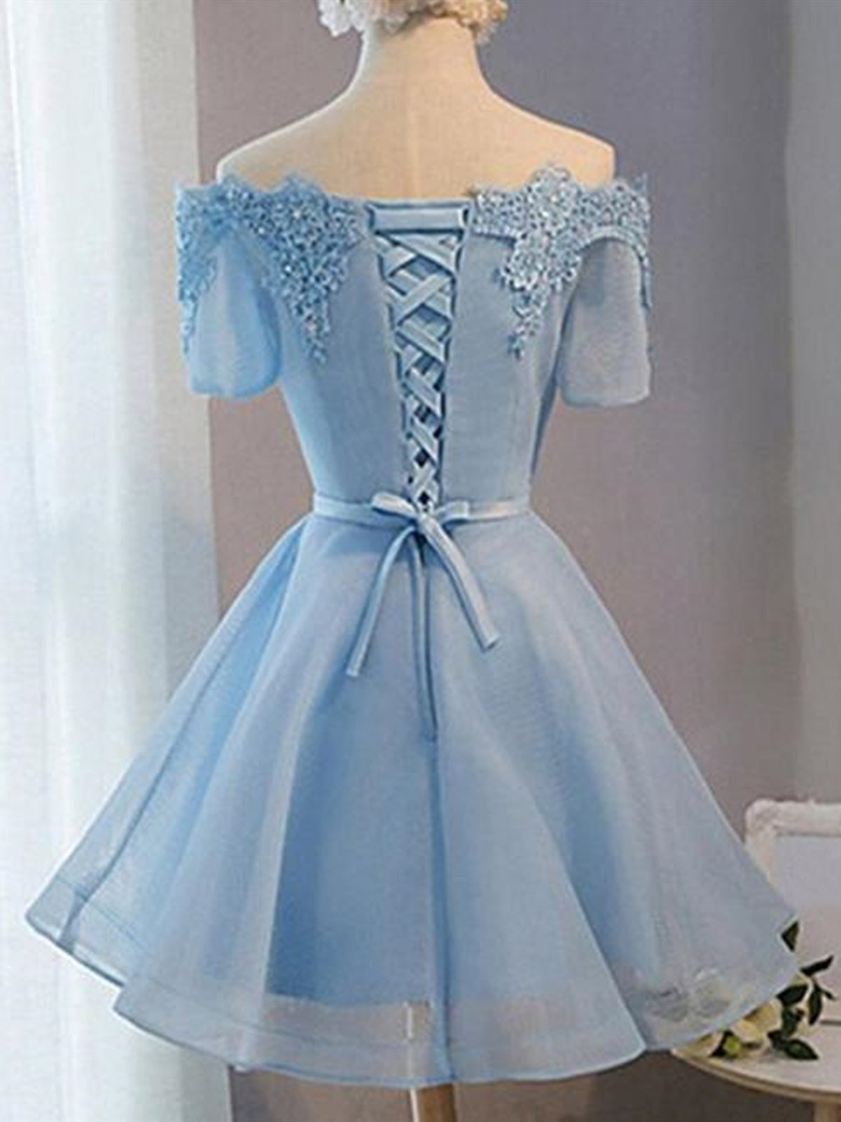 Prom Dresses Uk, Short Sleeves Short Blue Prom Dresses with Lace-up, Short Blue Homecoming Graduation Dresses