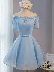 Prom Dress 2025, Short Sleeves Short Blue Prom Dresses with Lace-up, Short Blue Homecoming Graduation Dresses