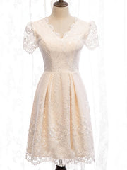 Wedding Dress Shopping Outfits, Short Sleeves Short Champagne Lace Prom Dresses, Short Champagne Lace Formal Wedding Dresses