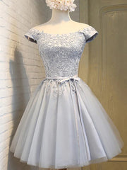 Ballgown, Short Sleeves Silver Gray Lace Prom Dresses, Lace Graduation Homecoming Dresses